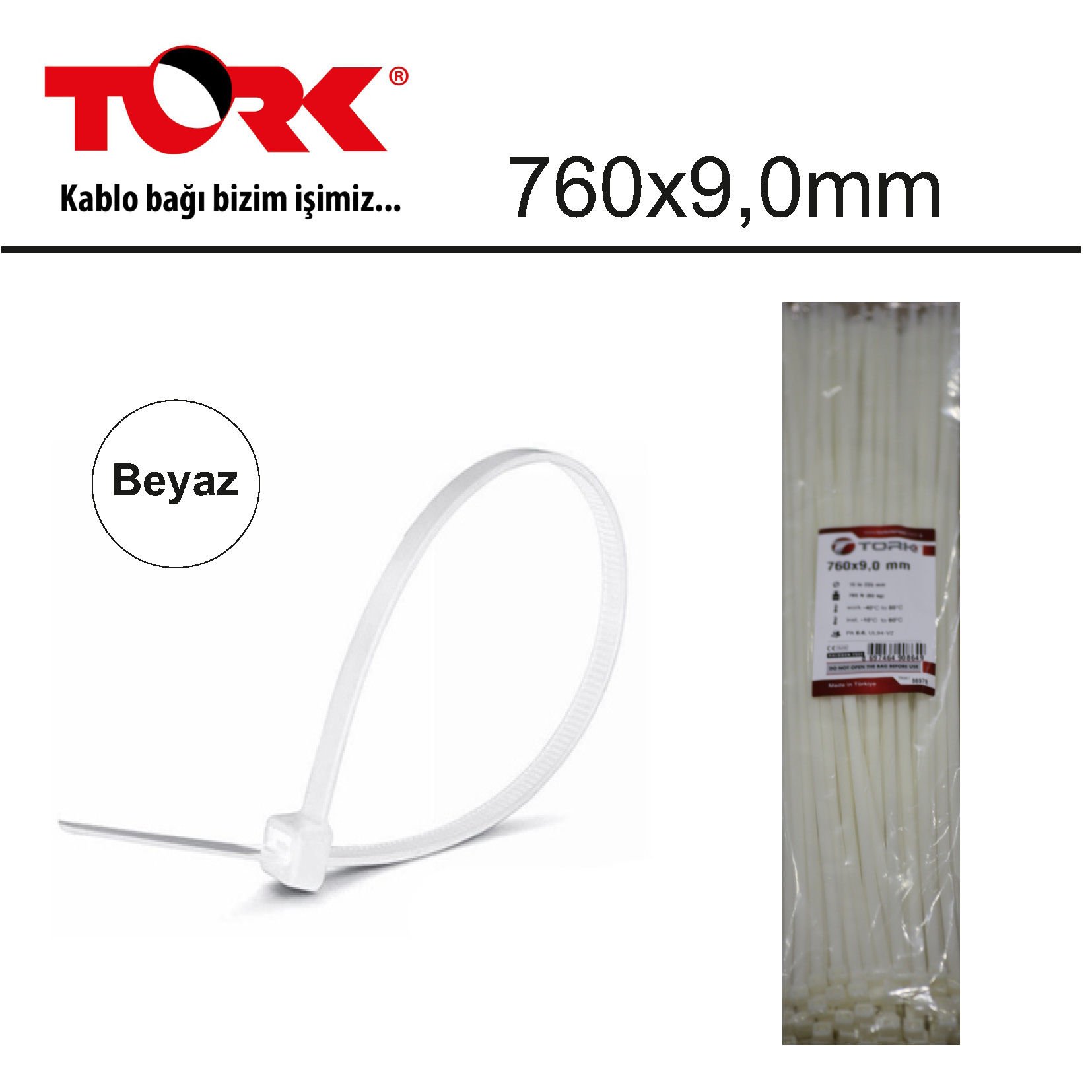 Tork TRK-760-9,0mm Beyaz 100lü Kablo Bağı (86978)