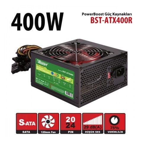 PowerBoost BST-ATX400R 400w, PPFC 12cm Siyah Fanlı ATX PSU Power kablo (Retail Box)