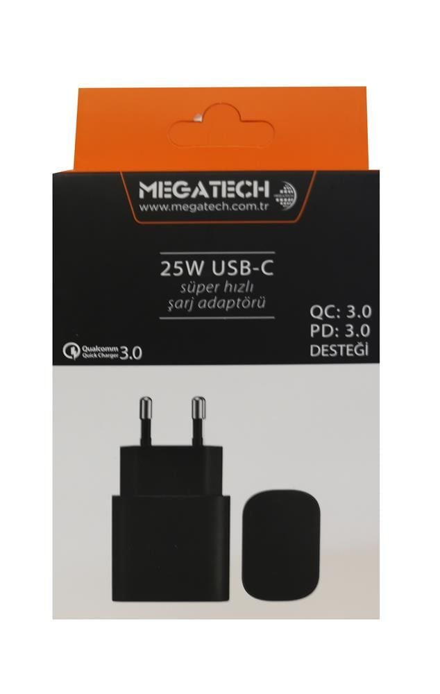 Megatech 25w Siyah USB-C  Şarj Kafa QC:3.0-PD:3.0