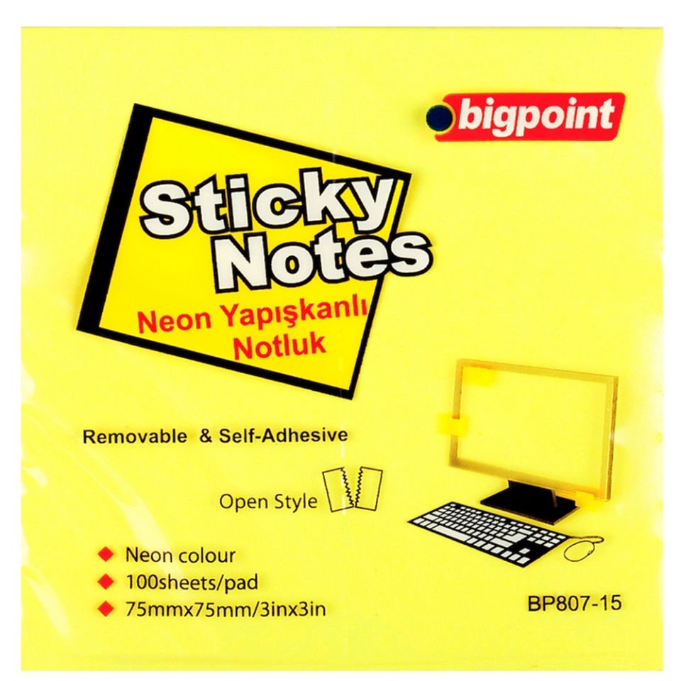 Bigpoint Yapışkanlı Not Kağıdı 75x75 Neon Sarı BP807-15