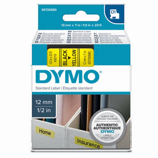 Dymo D1 Şerit Standart 12 MMx7 MT Sarı Üzerine Siyah 45018 S0720580