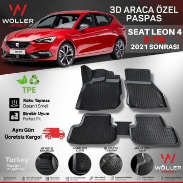 Seat Leon 4 Paspas 2021 Sonrası E TSİ Otomatik  ve Manuel Araçlara Uyumlu 3d Havuzlu Wöller Paspas