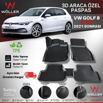 Volkswagen Golf 8 Paspas 2021 Sonrası E TSİ Otomatik ve Manuel Araçlara Uyumlu 3d Havuzlu Wöller Paspas