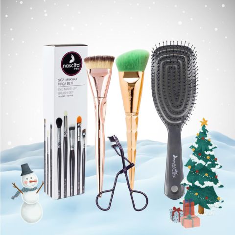 Nascita Yılbaşı Paketi Saç Fırçası Koyu Gri, Kirpik Kıvırma Makinası, Fondöten Fırçası, Kontür Fırçası ve Göz Makyajı Fırça Seti