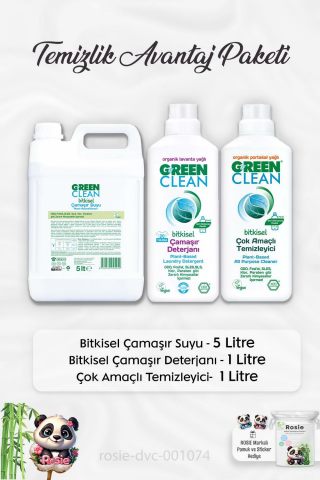 Green Clean Bitkisel Çamaşır Suyu 5 lt, Çamaşır Deterjanı 1 lt, Çok Amaçlı Temizleyici 1 lt ve ROSIE