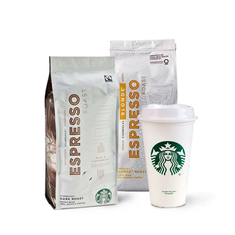 Starbucks Espresso ve Blonde Espresso Roast Çekirdek Kahve ile Plastik Bardak