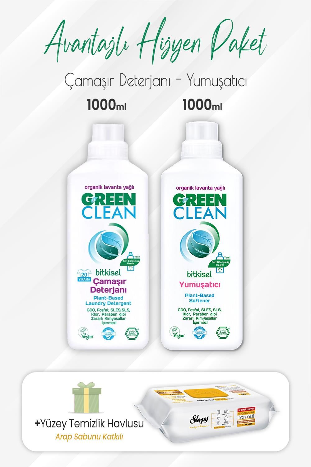 Green Clean Bitkisel Deterjan, Yumuşatıcı 1 lt ve Arap Sabunlu Yüzey Temizlik Havlusu 100' lü