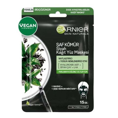 Garnier Kağıt Yüz Maskesi Siyah Saf Kömür Matlaştırıcı 28 gr