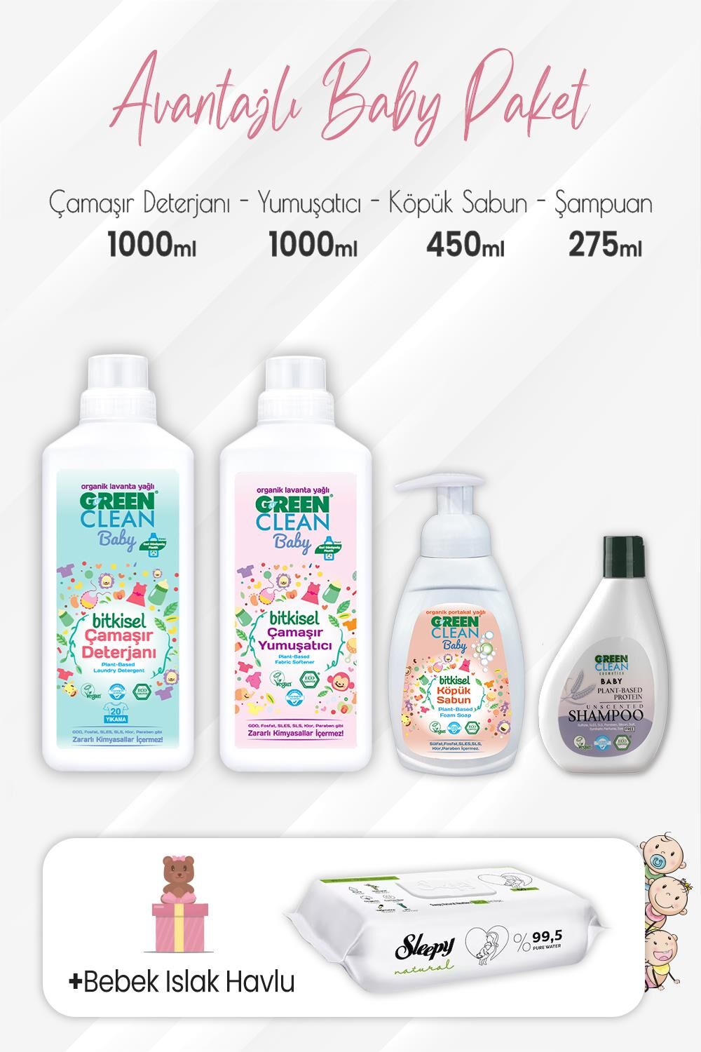Green Clean Baby Şampuan 275 ml, Köpük Sabun 450 ml, Deterjan, Yumuşatıcı 1 lt ve Natural Yenidoğan 60'lı
