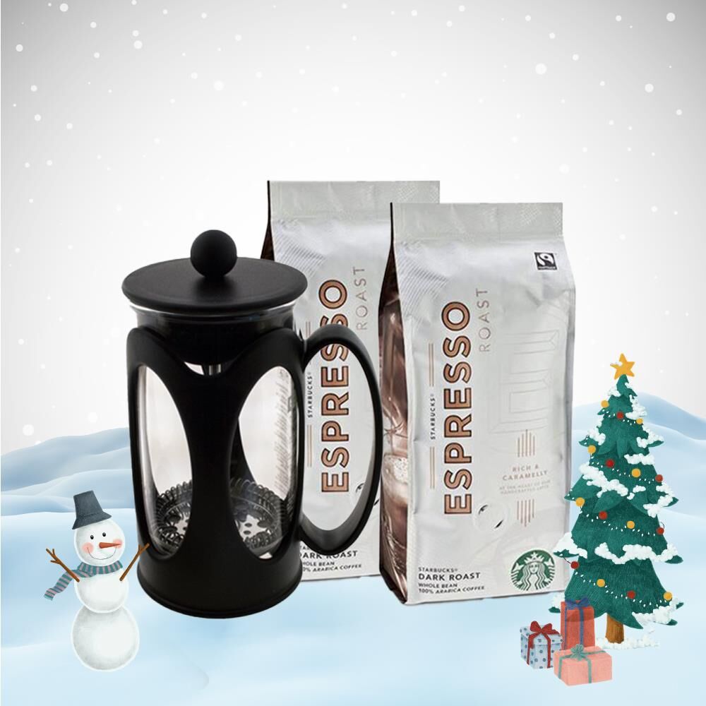 Starbucks Espresso Dark Roast Çekirdek Kahve x 2 ve French Press Hediyeli Yılbaşı Seti