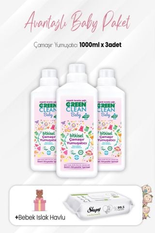 Green Clean Baby Çamaşır Yumuşatıcı 1 lt x 3 Adet ve Natural Yenidoğan 60'lı