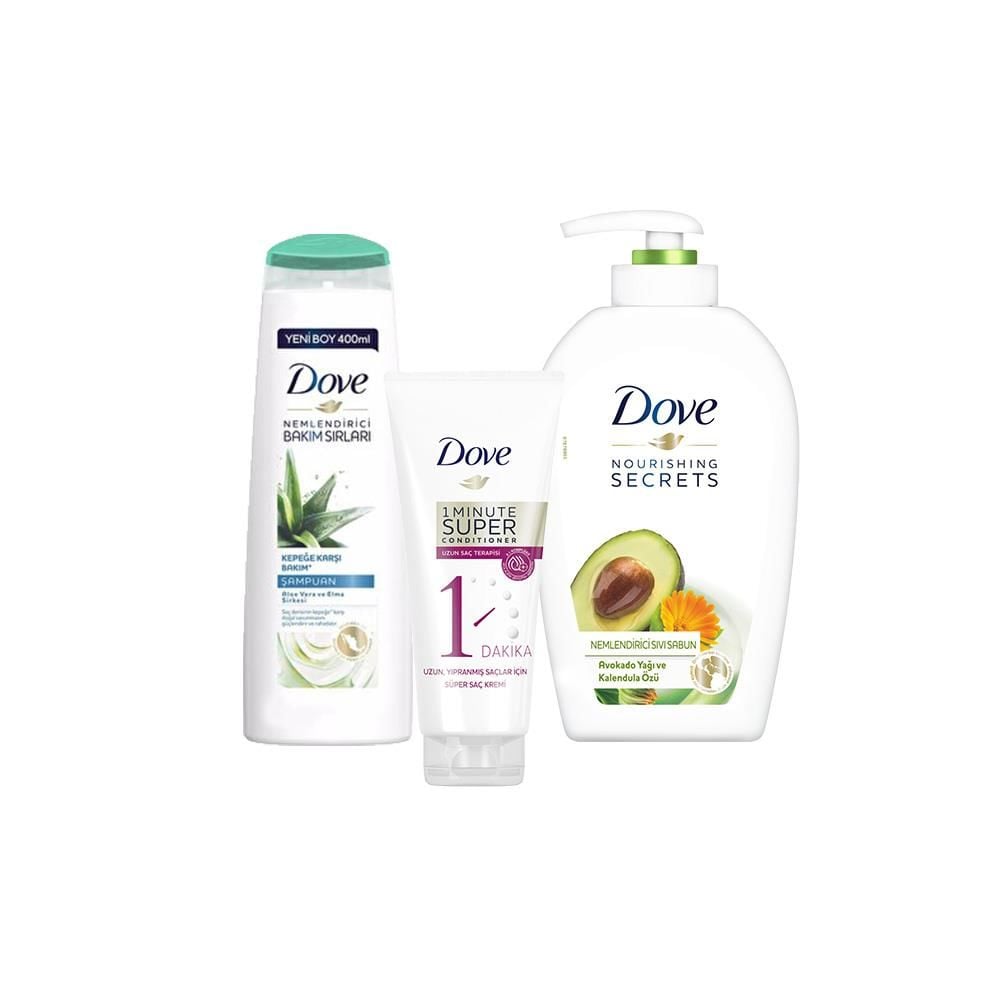 Dove Saç Bakım Şampuanı Aloe Vera, Saç Kremi Uzun Saç Terapisi ve Sıvı Sabun Avokado