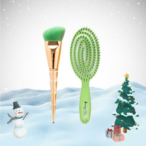 Nascita Yılbaşı Paketi Saç Fırçası Yeşil ve Fondöten Fırçası