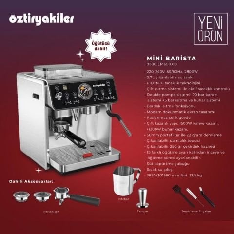 Öztiryakiler Mini Barista Ev tipi Öğütücülü Espresso Kahve Makinesi Pid Çift Kazan