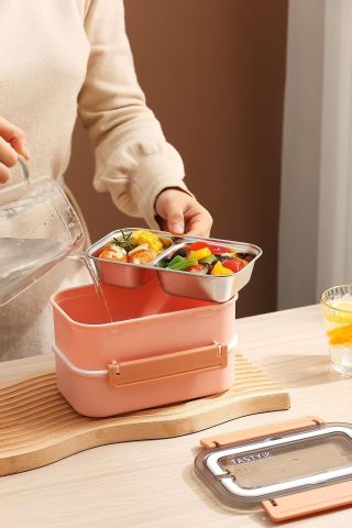 Bento Lunch Box Ofis-okul Için Yeni Nesil Sefer Tası Çift Kat 4 Bölme Paslanmaz Çelik F494 Pembe