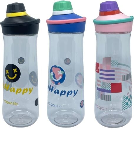 Vagonlife 650ML VGN0808 Döndürülerek Açılan Rahat Kapaklı Kulplu Desenli Gövde Polikarbon Su Matarası (Mavi-Pembe)