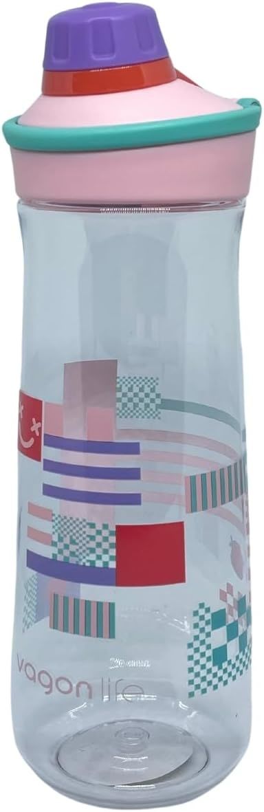 Vagonlife 650ML VGN0808 Döndürülerek Açılan Rahat Kapaklı Kulplu Desenli Gövde Polikarbon Su Matarası (Pembe-Mor)