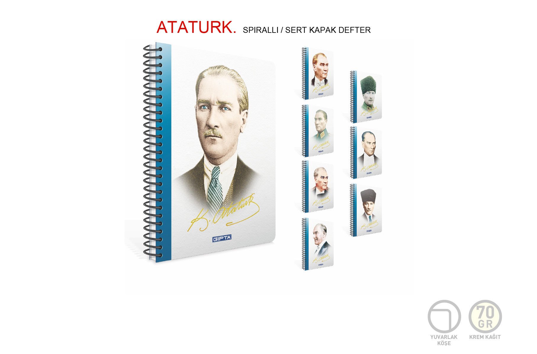 Gıpta Atatürk 17x24cm Sert Kapak 100 Yaprak Çizgili Spiralli Defter
