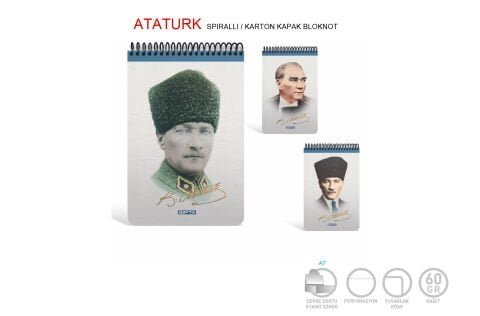 Gıpta Bloknot Atatürk A5 Sert Kapak 100 Yaprak Kareli Üstten Spiralli Defter