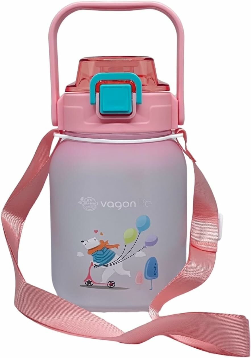 Vagonlife VGN2275-T Pembe 1100ML Çocuk Pipetli/Pipetsiz Kullanım Su Matarası -Askılı- -Çıkartma Hediyeli