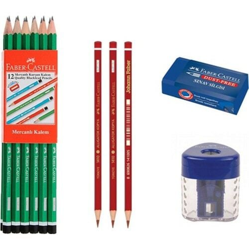 Faber-Castell Kurşun Kalem 12'li + Kırmızı Kalem 3'lü + Silgi + Kalemtraş