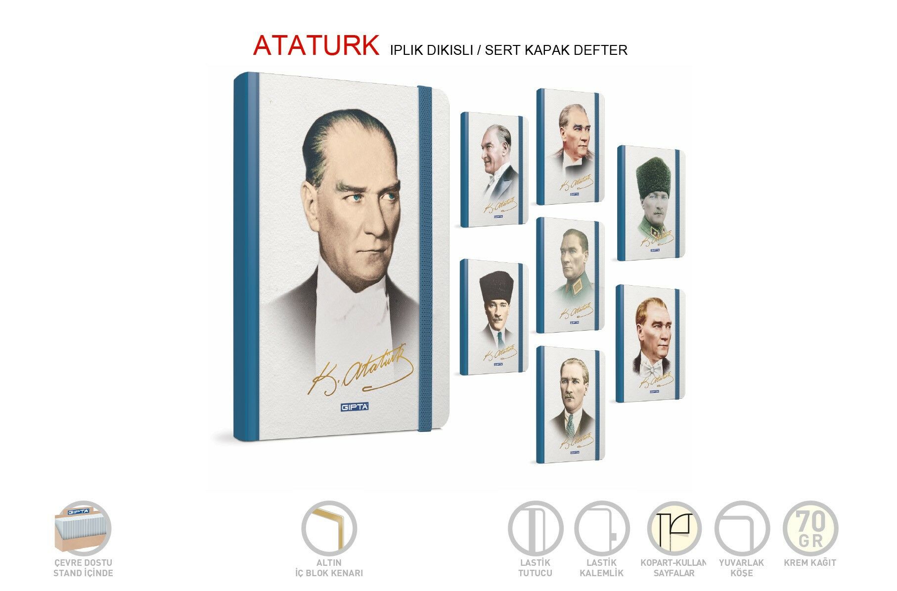 Gıpta Atatürk 120 Yaprak Çizgili Sert Kapak Ciltli Defter