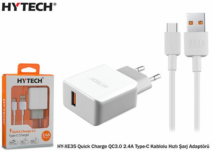 Hytech HY-XE35 Quick Charge QC3.0 2.4A Type-C Kablolu Beyaz/Gri Hızlı Şarj Adaptörü