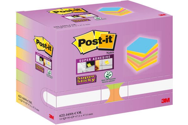 3M Post-it  Super Sticky Renkli Notlar 16'lı Paket 47,6mmx47,6mm