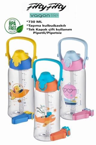 Uzspace 2203 Pembe-Turkuaz  730ml Tritan Tek Kapak Çift Kullanım Pipetli/pipetsiz Askı Aparatlı Tritan Çocuk Su Matarası