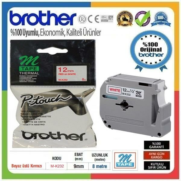 Brother P-Touch M-K232 M-TAPE 12 MM Beyaz üzerine Kırmızı Termal Etiket