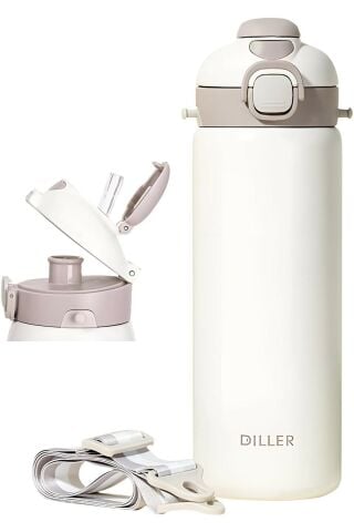 Diller 9073 700ml Beyaz Tek Kapak Çift Kullanım Pipetli/pipetsiz Askılı Çelik Su Matarası 6 Saat Sıcak/soğuk