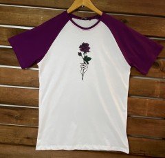 Gül Baskılı Mor Reglan Kol Unisex T-Shirt