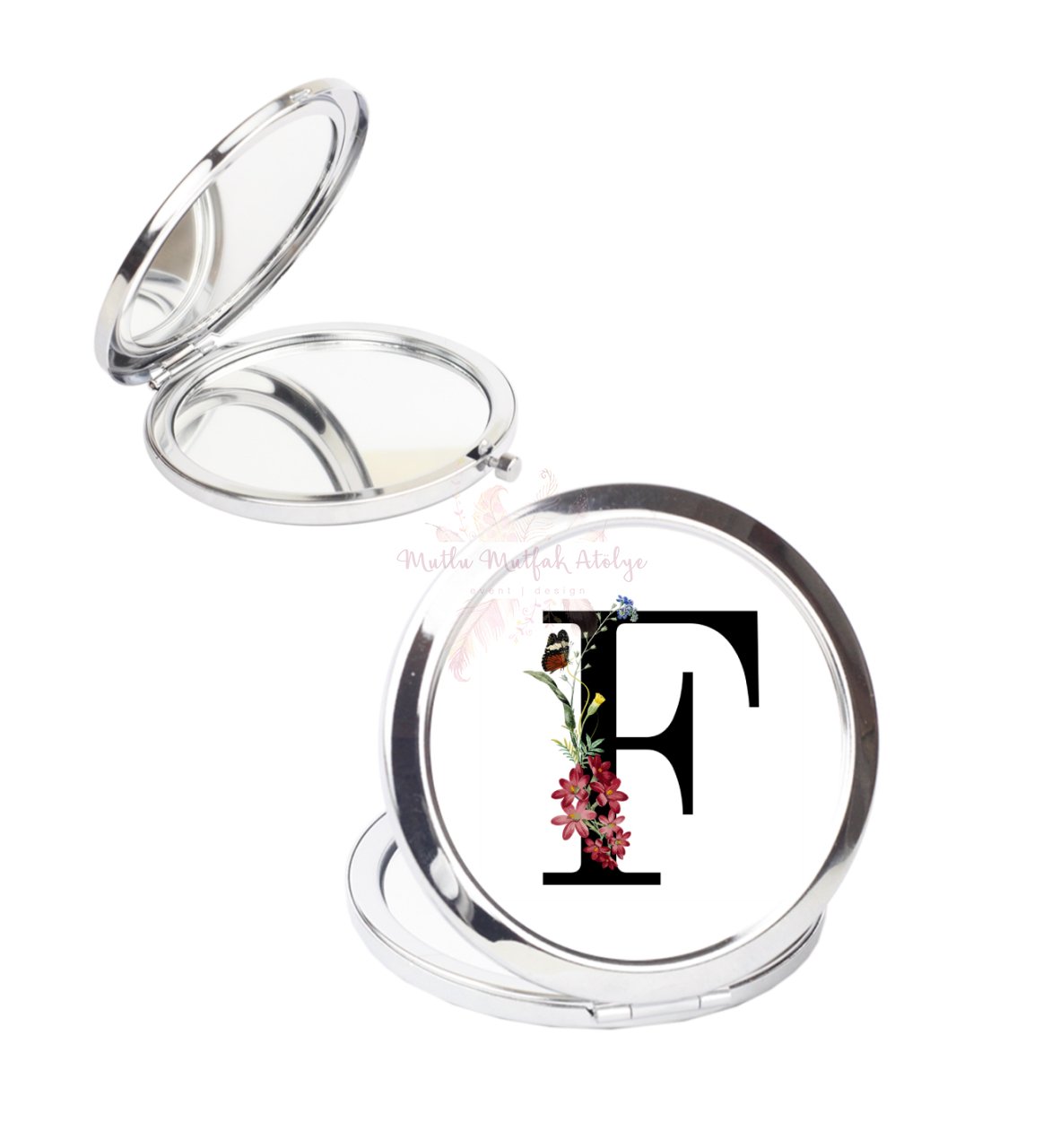 F Harfi Çiçek Desenli Cep Aynası