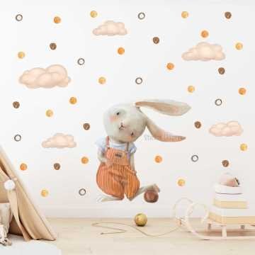 Turuncu Tulumlu Oyuncu Tavşan Ve Puantiyeler Çocuk Odası Duvar Sticker Seti