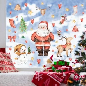 Noel Baba Geyik Kardan Adam Ve Kış Figürleri Yılbaşı Cam Duvar Kapı Sticker Seti