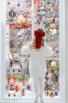 Tavşan Ve Arkadaşları Yılbaşı Yeni Yıl Cam Duvar Kapı Sticker Seti