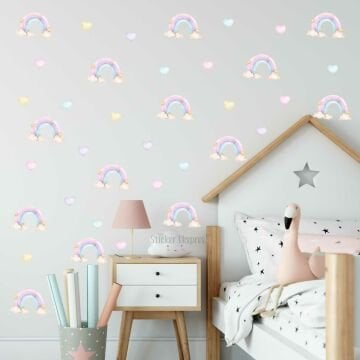Bulutlu Gökkuşakları Ve Kalpler Çocuk Odası Duvar Sticker Seti