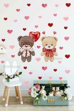 Sevgi Dolu Şirin Ayıcıklar Ve Kalpler Duvar Cam Kapı Sticker Seti