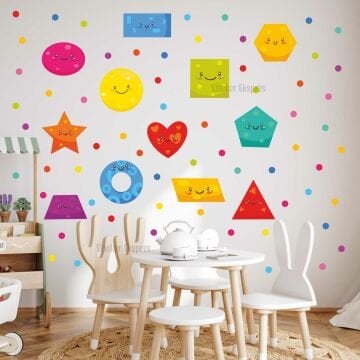 Sevimli Geometrik Şekiller Eğitici Anaokulu Çocuk Odası Kreş Duvar Sticker Seti