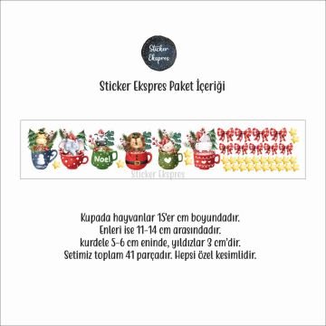 Kupada Sevimli Hayvanlar Yılbaşı Yeni Yıl Cam Kapı Duvar Sticker Seti