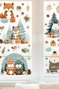 Kış Dostluğu Yılbaşı Yeni Yıl Cam Kapı Duvar Sticker Seti