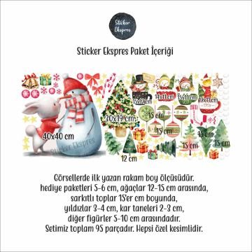 Kardan Adam Ve Tavşan Dostluğu Yılbaşı Yeni Yıl Cam Kapı Duvar Sticker Seti