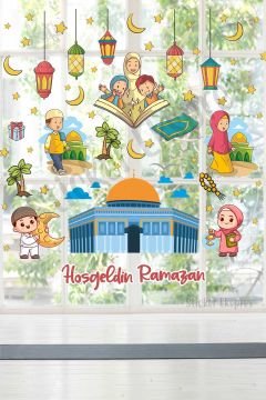 Mescid-i Aksa Temalı Hoşgeldin Ramazan Cam Duvar Kapı Sticker Seti Ramazan Süsü