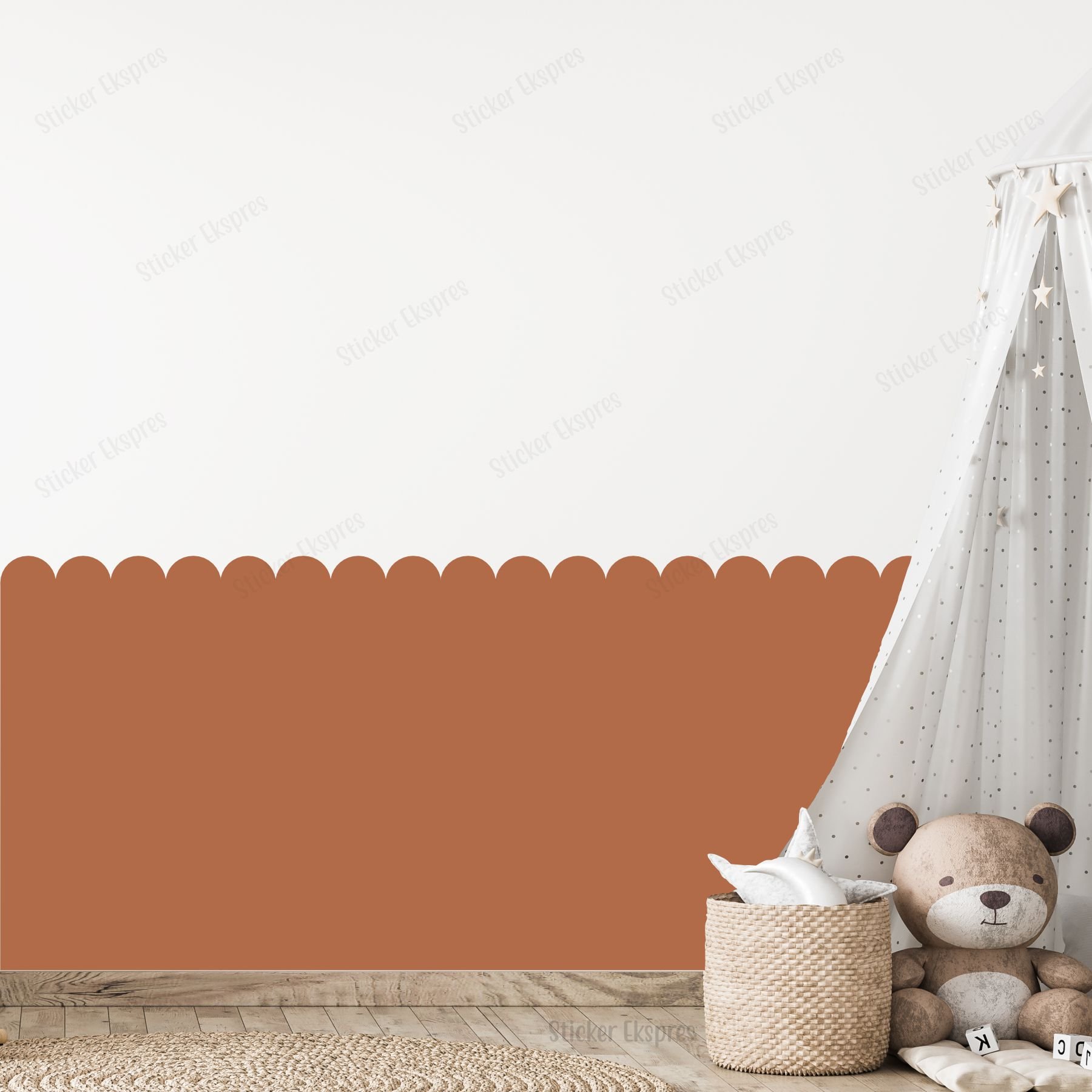 Kahverengi Dalgalı Yarım Duvar Kaplama Folyosu, Çit Detaylı Duvar Sticker
