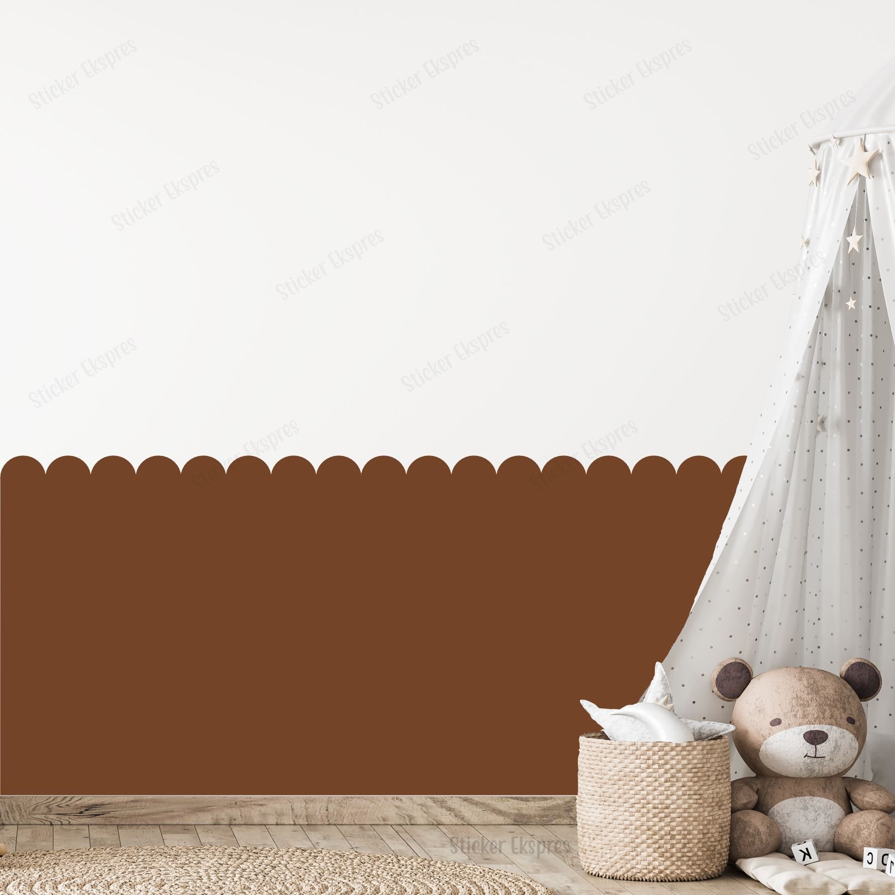 Koyu Kahverengi Dalgalı Yarım Duvar Kaplama Folyosu, Çit Detaylı Duvar Sticker