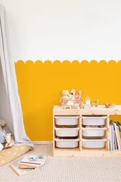 Koyu Sarı Dalgalı Yarım Duvar Kaplama Folyosu, Çit Detaylı Duvar Sticker