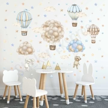 Soft Mavi Bej Tonlarda Uçan Balon Macerası Çocuk Odası Duvar Sticker Seti