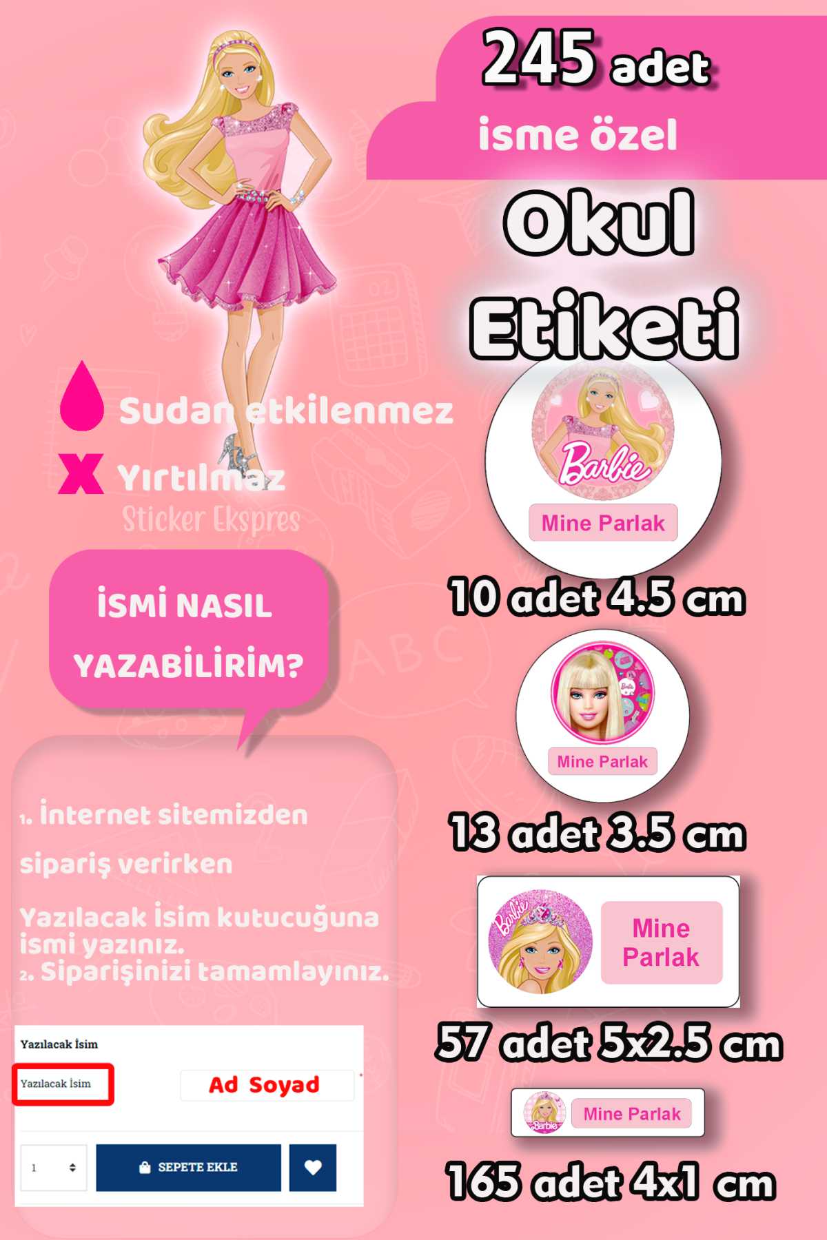 Okul Etiketi Barbie Kalem Defter Etiketi Özel İsim Yazılabilen Etiket 245 Adet