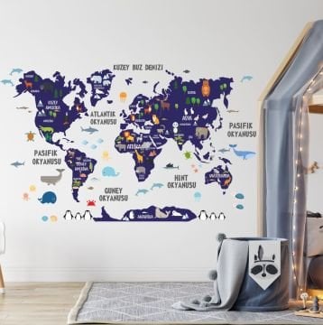 Türkçe Dünya Haritası Sticker Lacivert 140x90 cm
