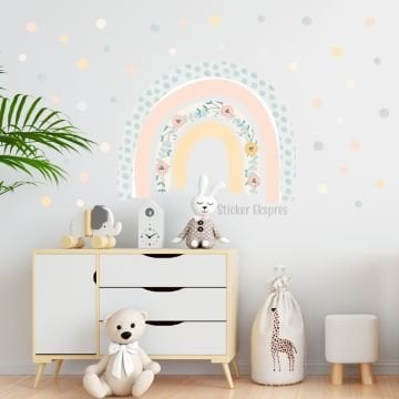 Çiçekli Soft Gökkuşağı ve Puantiyeler Sticker Set